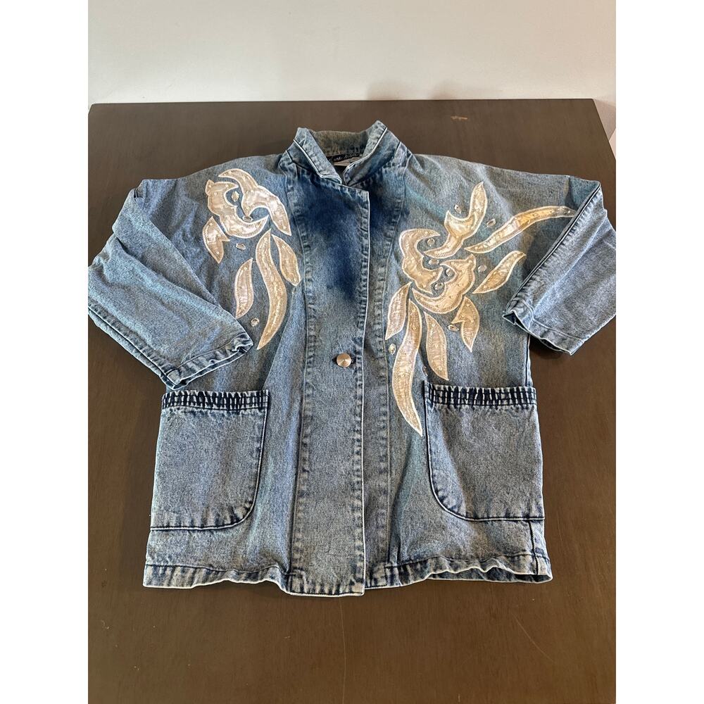 Vintage Vanna White Denim Jacket Medium Western Blazer Embroidered Floral Blue